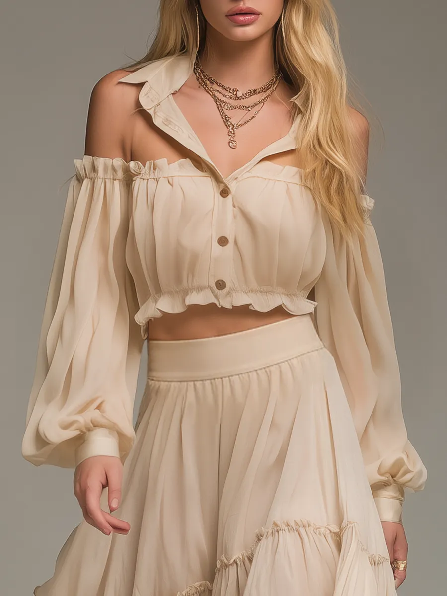 Elegant Stylish Long Sleeve Chiffon Blouse And Ruffled Skirt Set sold by Oyrosy product image thumbnail 3