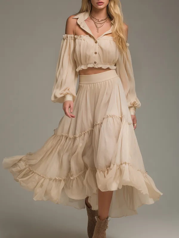Elegant Stylish Long Sleeve Chiffon Blouse And Ruffled Skirt Set made by Oyrosy