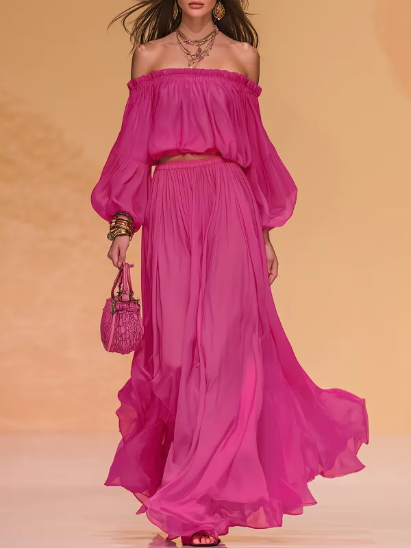 Elegant Vintage Off-the-shoulder Chiffon Top And Wide-leg Pants Set made by Oyrosy