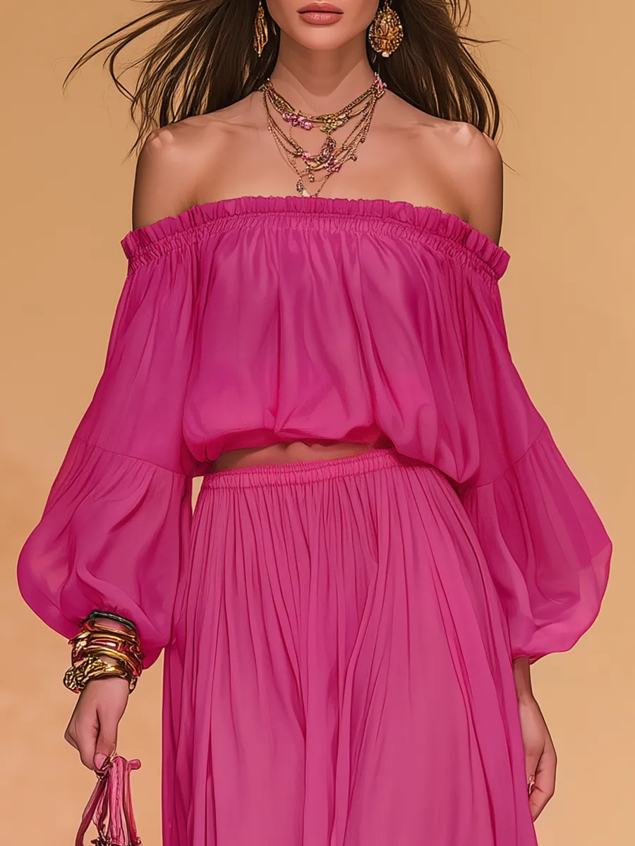 Elegant Vintage Off-the-shoulder Chiffon Top And Wide-leg Pants Set sold by Oyrosy product image thumbnail 3