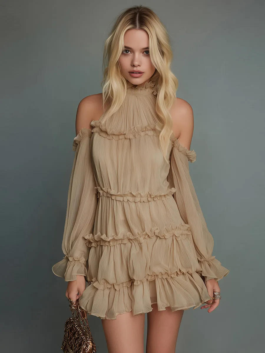 Vintage Elegant Stand-collar Long-sleeved Ruffled Chiffon Mini Dress sold by Oyrosy product image thumbnail 2