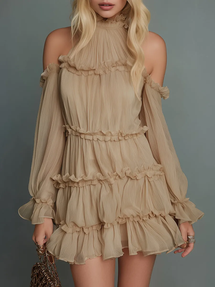 Vintage Elegant Stand-collar Long-sleeved Ruffled Chiffon Mini Dress sold by Oyrosy