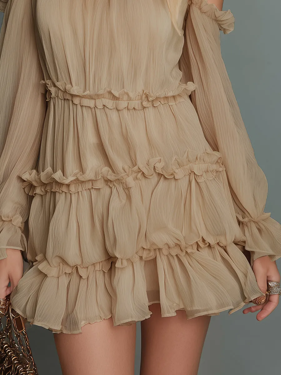 Vintage Elegant Stand-collar Long-sleeved Ruffled Chiffon Mini Dress sold by Oyrosy product image thumbnail 4