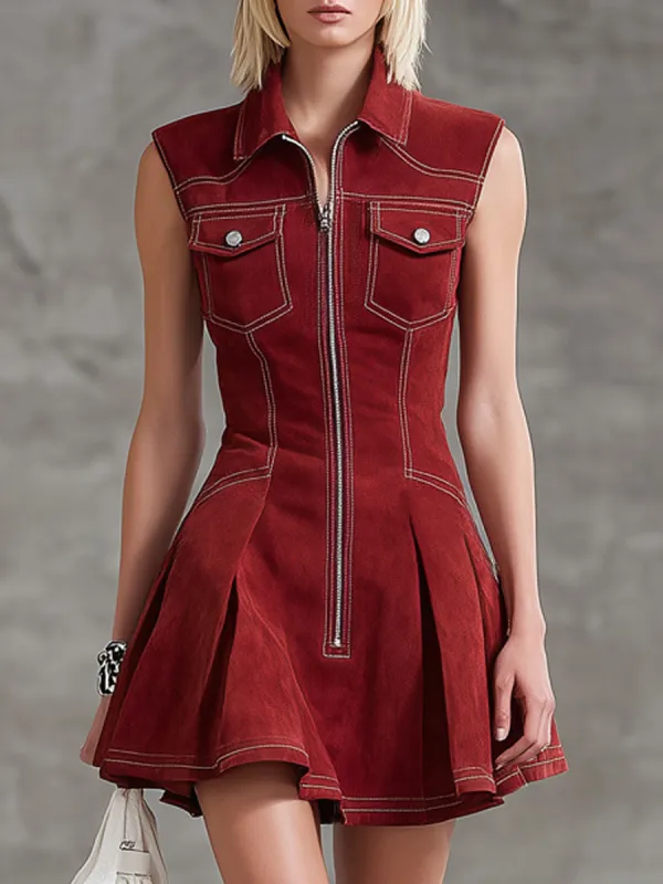 Lapel Collar Zip-up Faux Suede Double-pocket Sleeveless Mini Dress sold by Oyrosy