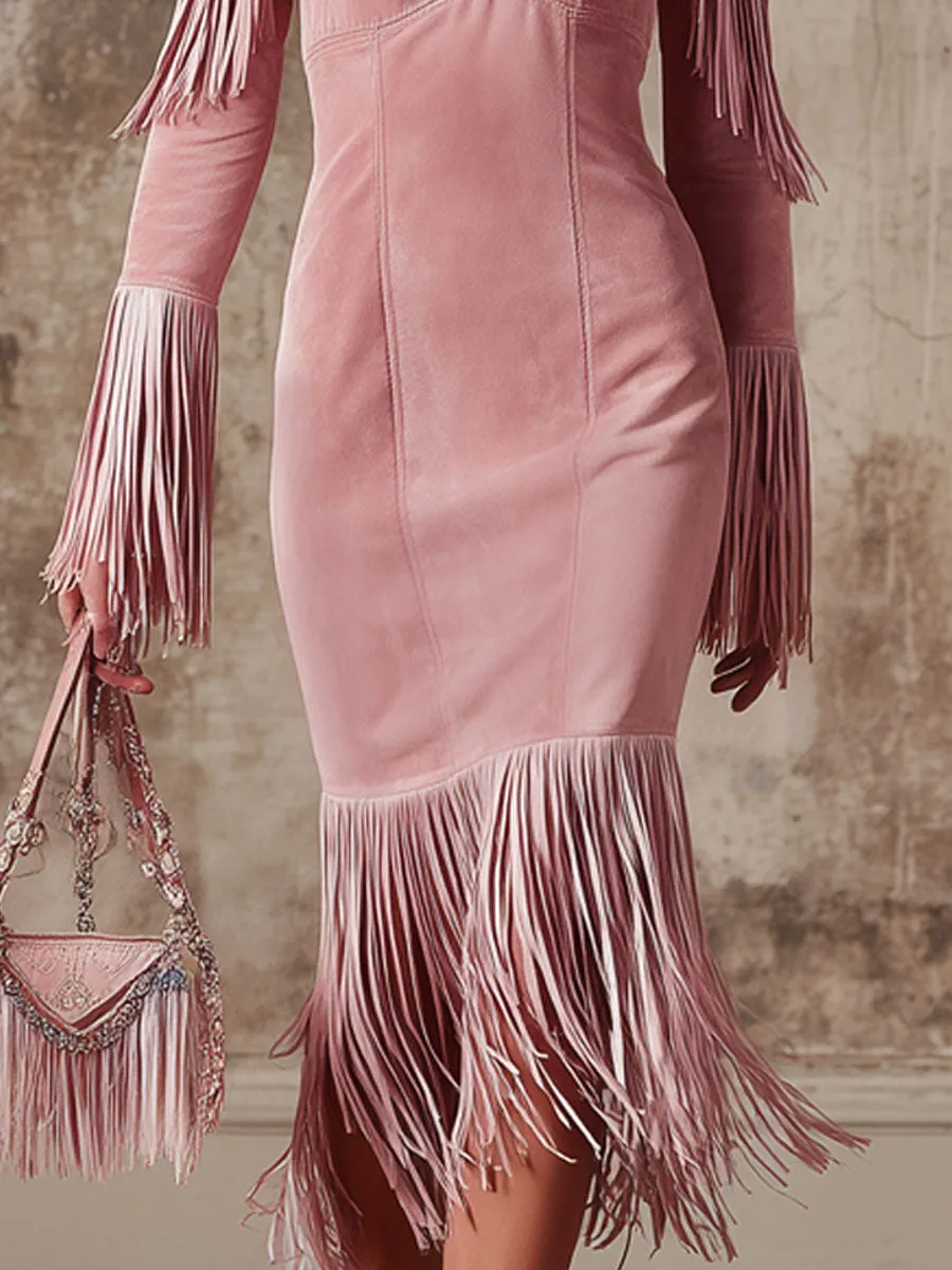 V-neck Off-the-shoulder Fringed Faux Suede Long-sleeved Midi Dress sold by Oyrosy product image thumbnail 3