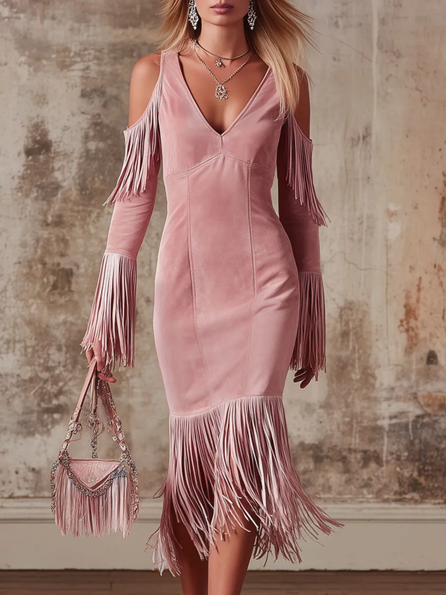 V-neck Off-the-shoulder Fringed Faux Suede Long-sleeved Midi Dress sold by Oyrosy