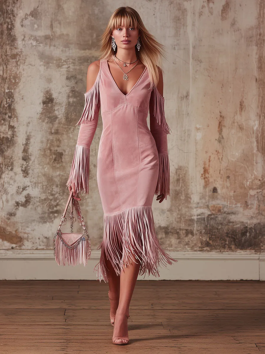 V-neck Off-the-shoulder Fringed Faux Suede Long-sleeved Midi Dress sold by Oyrosy product image thumbnail 4