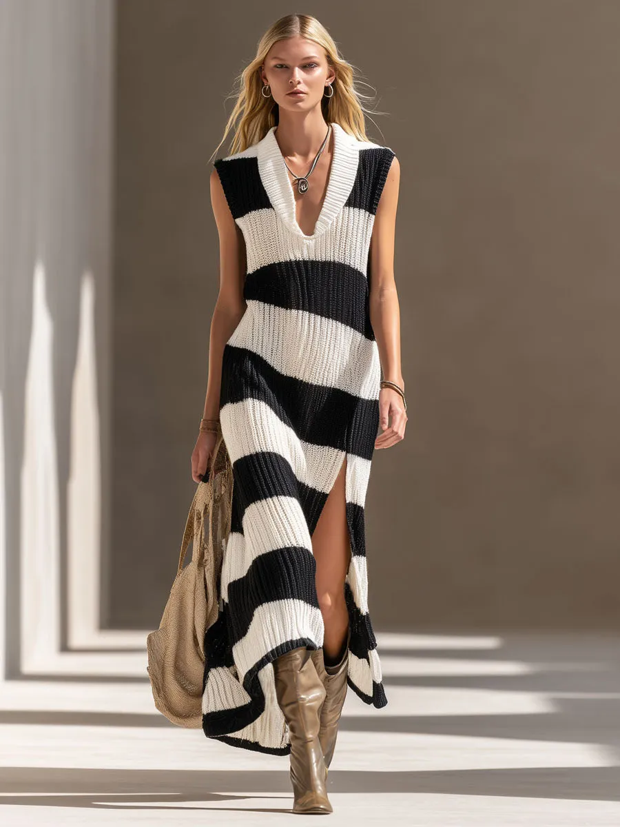 V-neck Black And White Striped Slit Knit Sleeveless Maxi Dress sold by Oyrosy product image thumbnail 4
