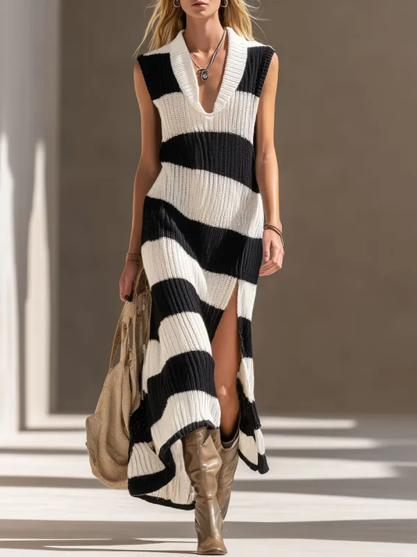 V-neck Black And White Striped Slit Knit Sleeveless Maxi Dress made by Oyrosy