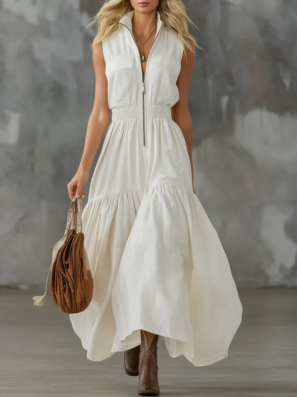 Stand-collar Double-pocket Elastic-waist Cotton-linen Sleeveless Maxi Dress sold by Oyrosy