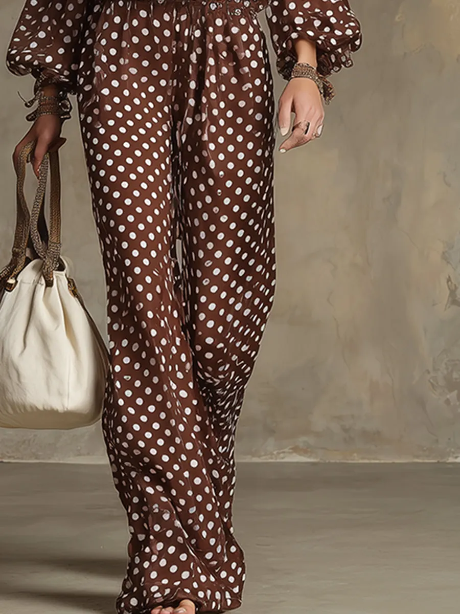 Elegant And Sophisticated Brown Polka Dot Print Chiffon Halter Neck Blouse And Wide-leg Pants Set sold by Oyrosy product image thumbnail 4