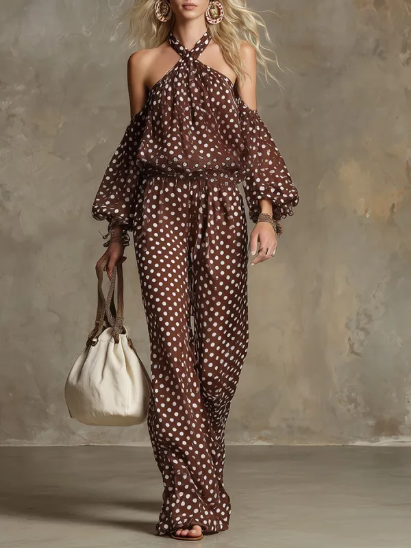 Elegant And Sophisticated Brown Polka Dot Print Chiffon Halter Neck Blouse And Wide-leg Pants Set made by Oyrosy