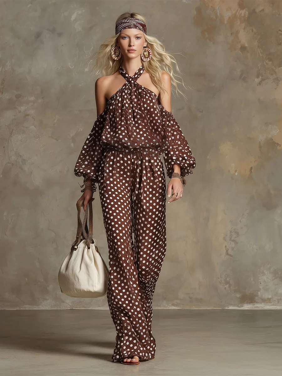 Elegant And Sophisticated Brown Polka Dot Print Chiffon Halter Neck Blouse And Wide-leg Pants Set sold by Oyrosy product image thumbnail 2