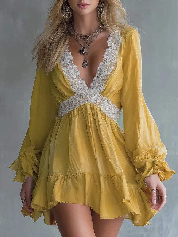 Boho Lace-trimmed Yellow Cotton Long-sleeved Mini Dress sold by Oyrosy