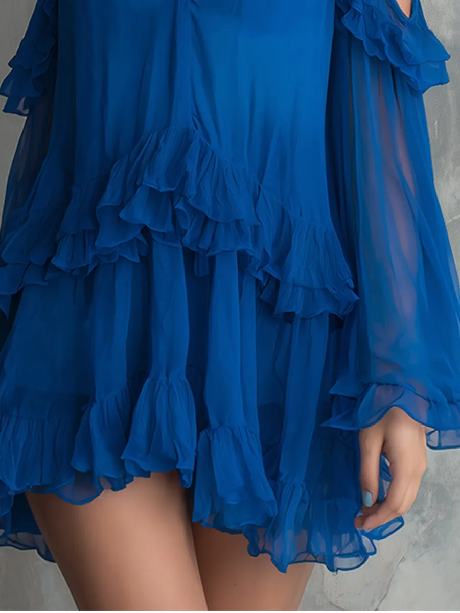 Elegant And Romantic Ruffled Hem Sapphire Blue Chiffon Off-the-shoulder Long-sleeved Mini Dress sold by Oyrosy product image thumbnail 4