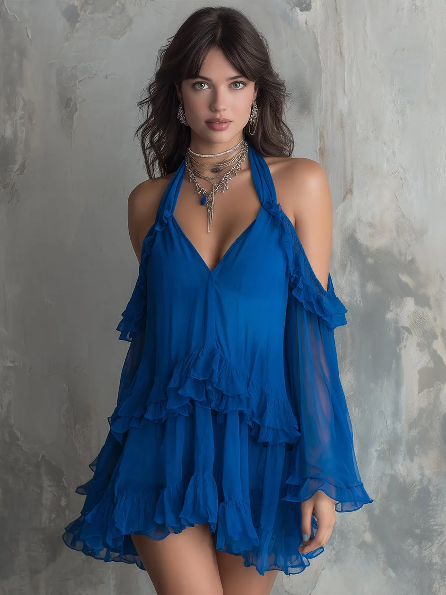 Elegant And Romantic Ruffled Hem Sapphire Blue Chiffon Off-the-shoulder Long-sleeved Mini Dress sold by Oyrosy product image thumbnail 2