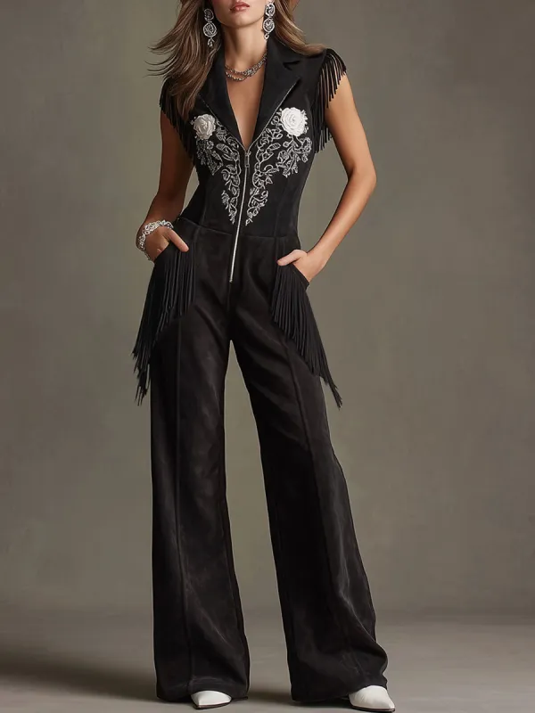 Western-style Retro Rose Embroidered Sleeveless Tassel Black Faux Suede Jumpsuit sold by Oyrosy