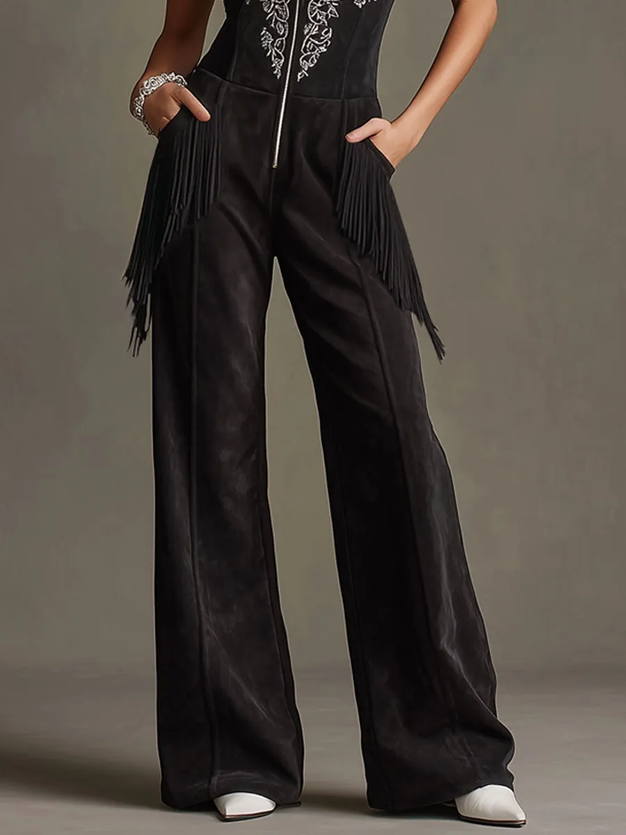 Western-style Retro Rose Embroidered Sleeveless Tassel Black Faux Suede Jumpsuit sold by Oyrosy product image thumbnail 4