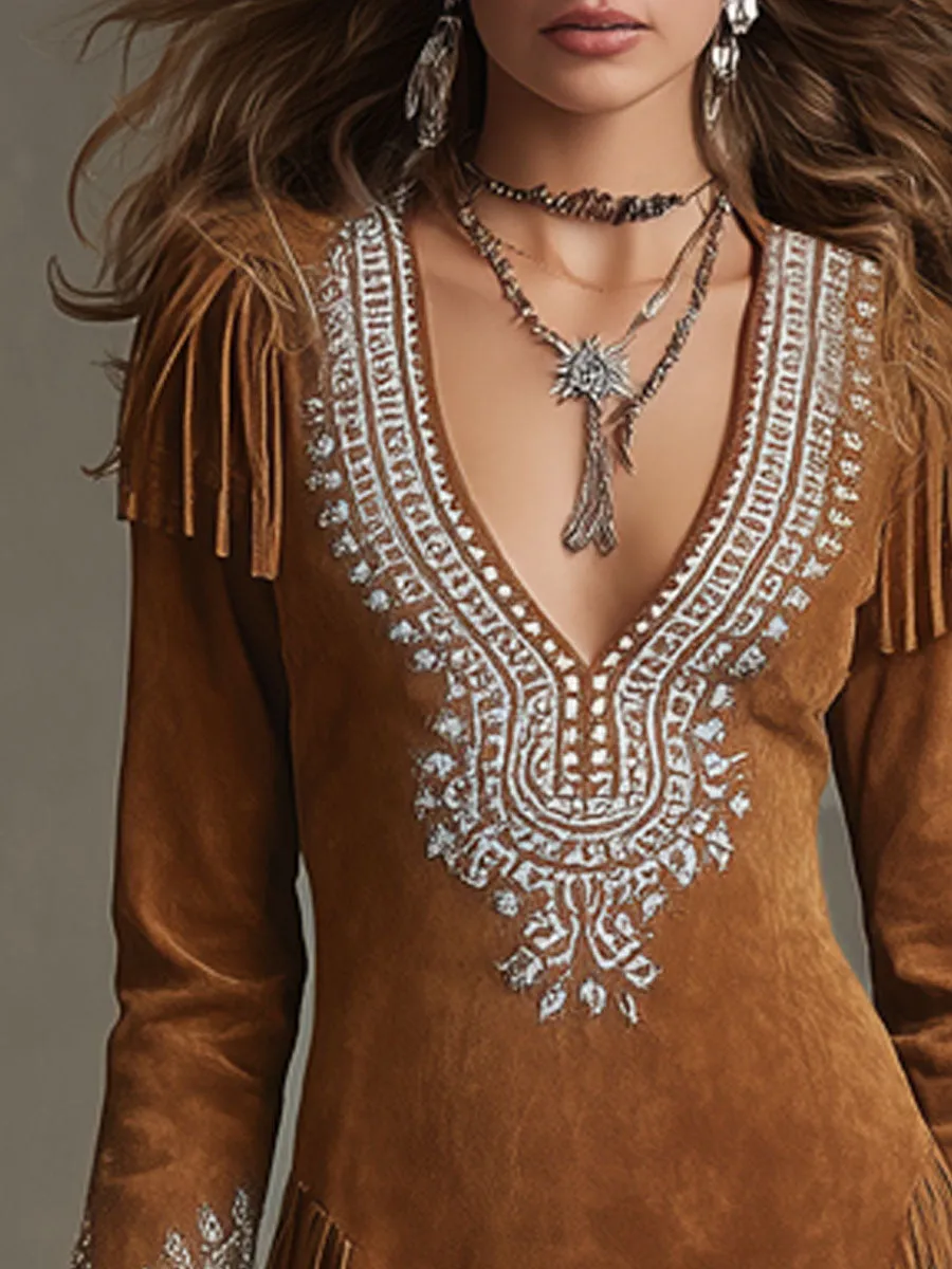 Western-style Retro Embroidered Light Brown Faux Suede Tassel Long-sleeved Mini Dress sold by Oyrosy product image thumbnail 5