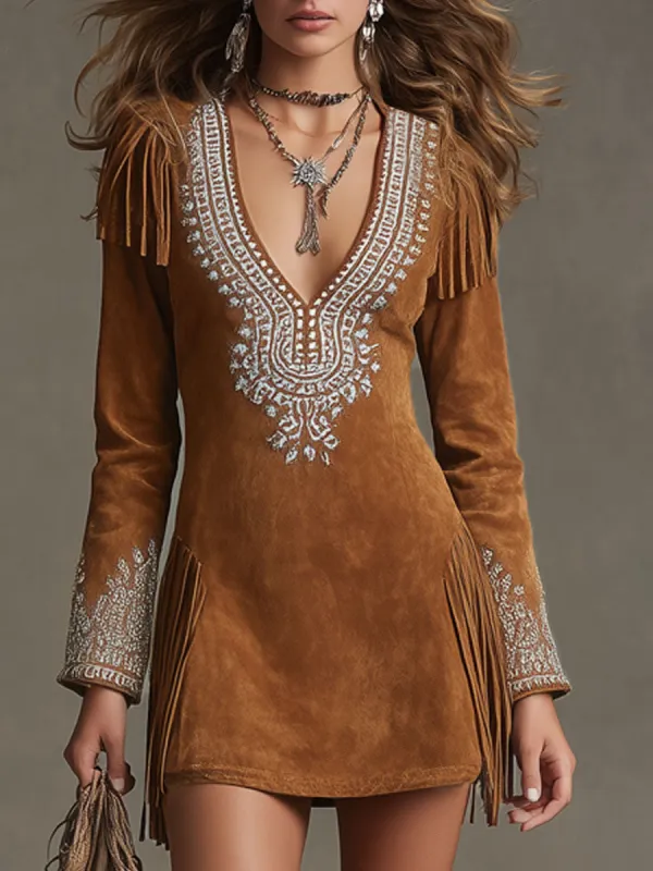 Western-style Retro Embroidered Light Brown Faux Suede Tassel Long-sleeved Mini Dress sold by Oyrosy