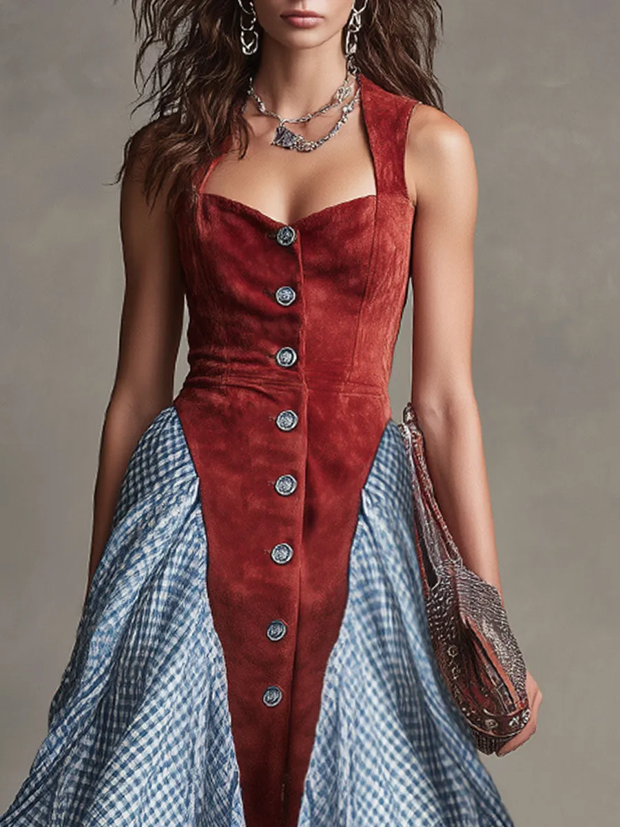 Western-style Retro Plaid Chiffon Red Faux Suede Sleeveless Midi Dress sold by Oyrosy product image thumbnail 4