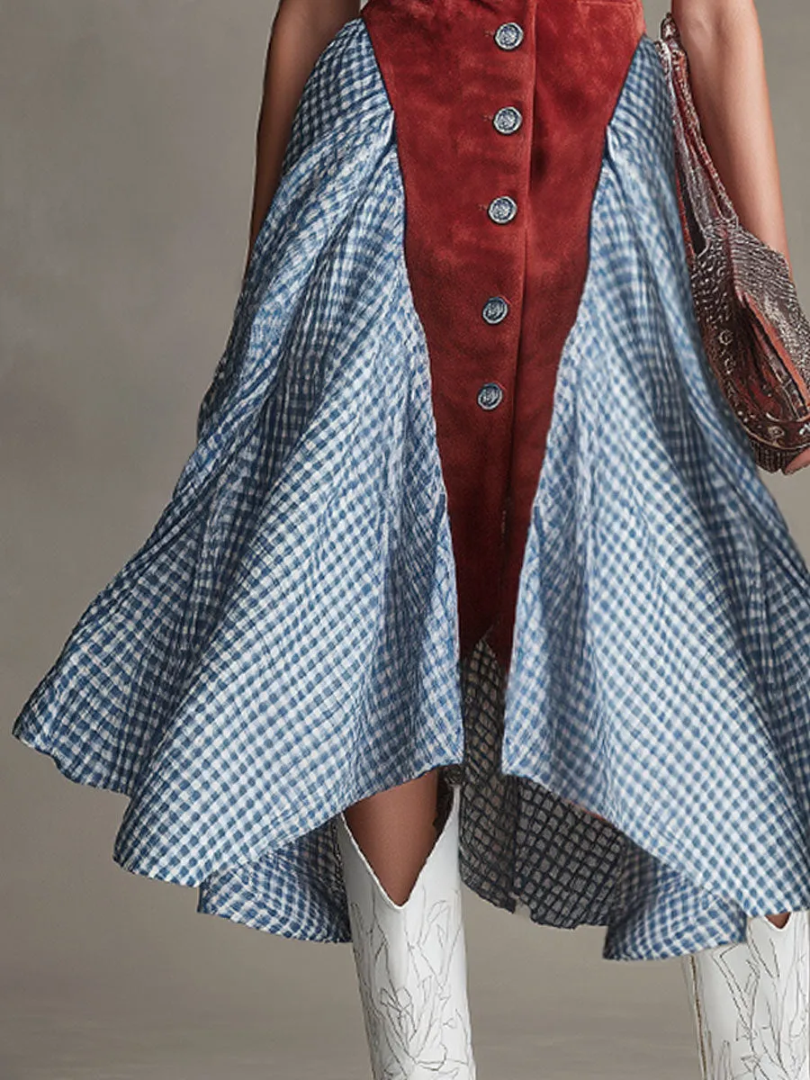 Western-style Retro Plaid Chiffon Red Faux Suede Sleeveless Midi Dress sold by Oyrosy product image thumbnail 5