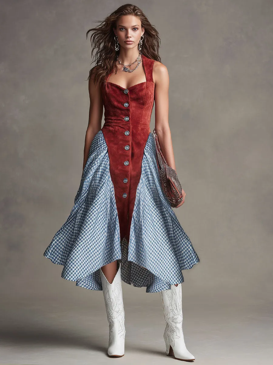 Western-style Retro Plaid Chiffon Red Faux Suede Sleeveless Midi Dress sold by Oyrosy product image thumbnail 2