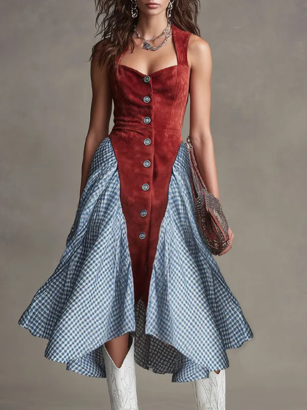 Western-style Retro Plaid Chiffon Red Faux Suede Sleeveless Midi Dress sold by Oyrosy
