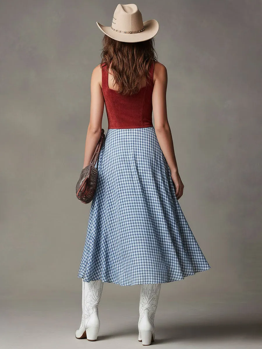 Western-style Retro Plaid Chiffon Red Faux Suede Sleeveless Midi Dress sold by Oyrosy product image thumbnail 3