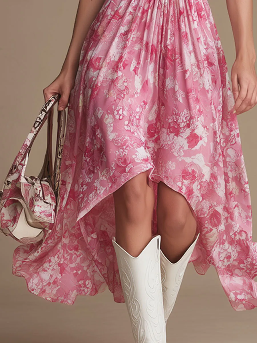 Fashionable Vacation Halter Neck Pink Floral Chiffon Hollow Midi Dress sold by Oyrosy product image thumbnail 4