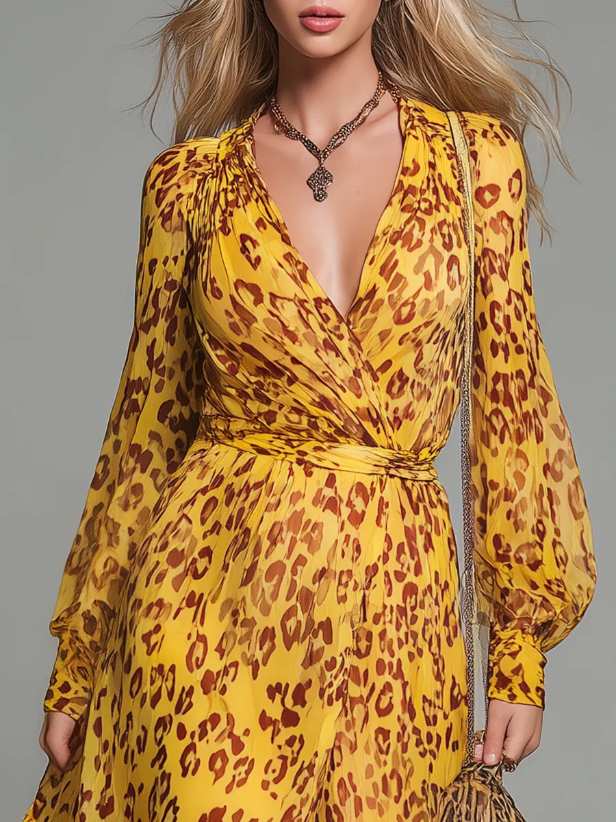 Stylish And Elegant V-neck Long-sleeved Leopard Print Chiffon Maxi Dress sold by Oyrosy product image thumbnail 3