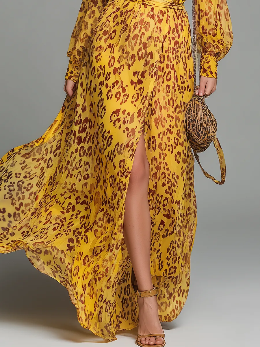 Stylish And Elegant V-neck Long-sleeved Leopard Print Chiffon Maxi Dress sold by Oyrosy product image thumbnail 4