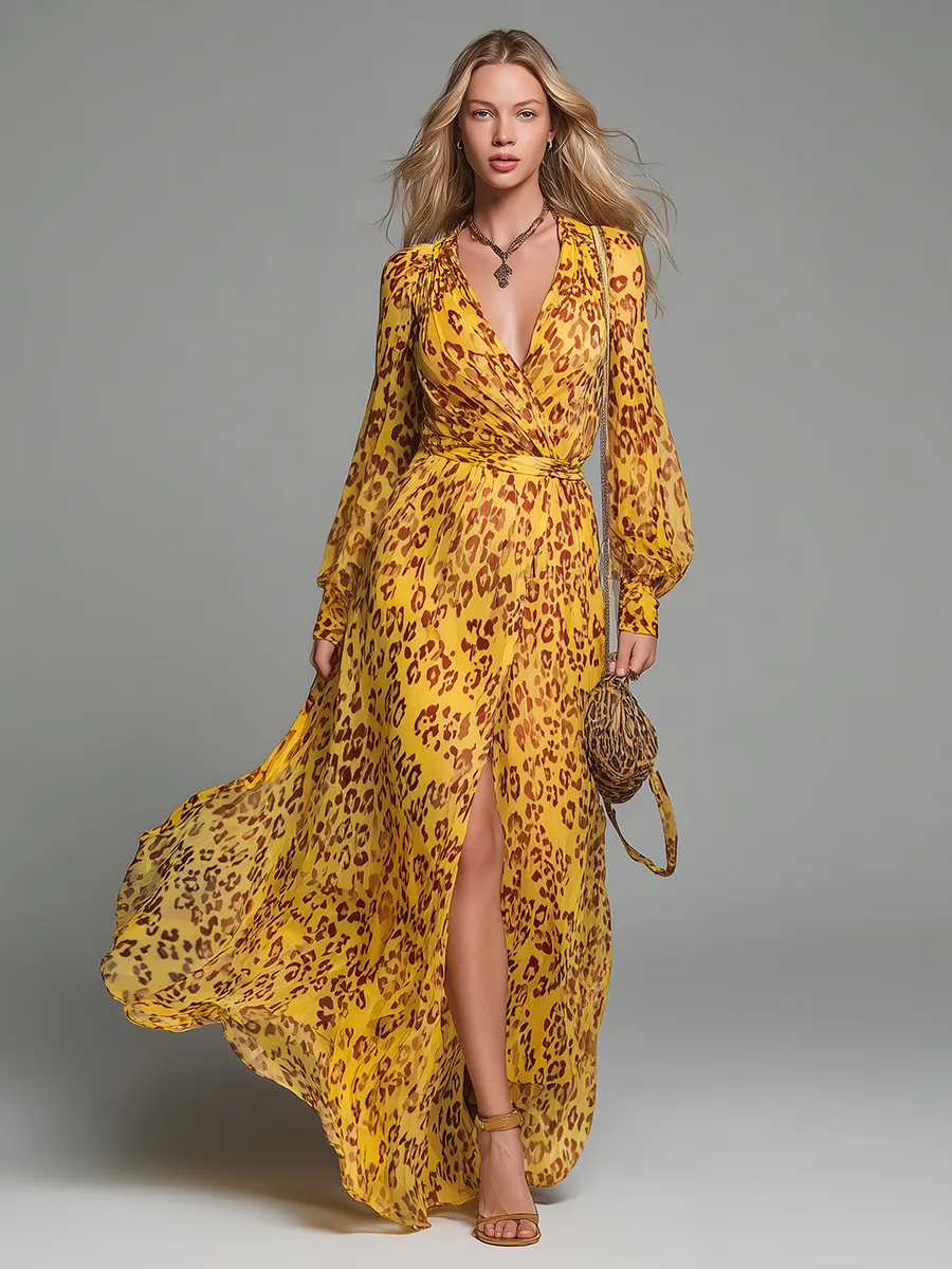 Stylish And Elegant V-neck Long-sleeved Leopard Print Chiffon Maxi Dress sold by Oyrosy product image thumbnail 2