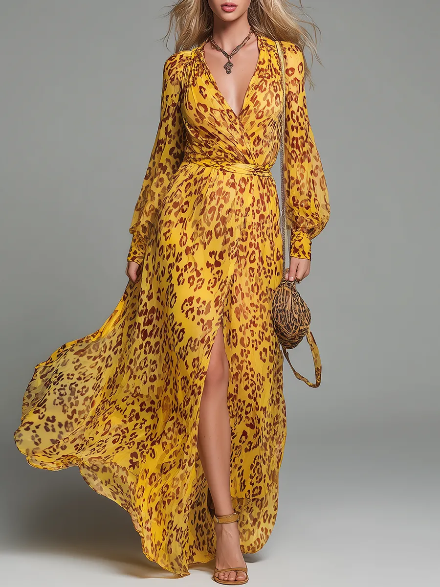 Stylish And Elegant V-neck Long-sleeved Leopard Print Chiffon Maxi Dress sold by Oyrosy
