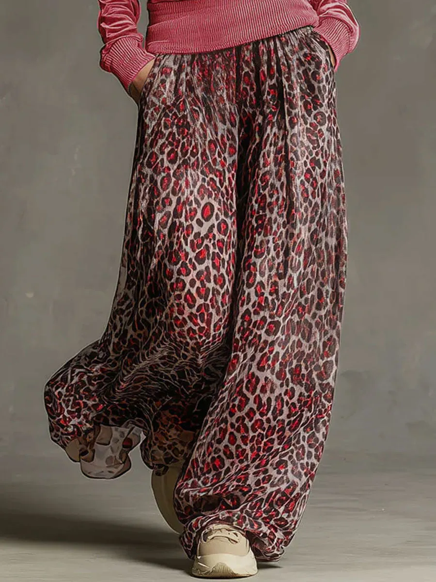 Casual Retro Pink Fleece Hooded Top And Chiffon Leopard Print Wide-leg Pants Set sold by Oyrosy product image thumbnail 4