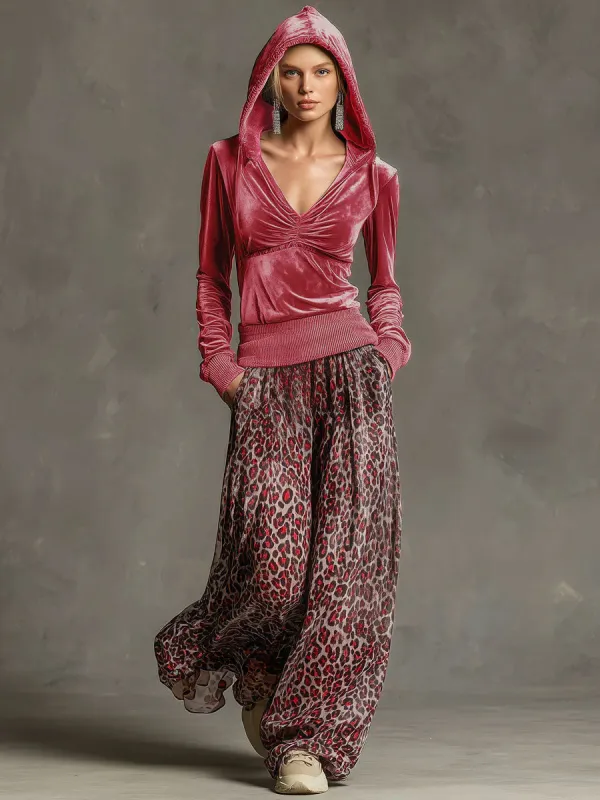 Casual Retro Pink Fleece Hooded Top And Chiffon Leopard Print Wide-leg Pants Set sold by Oyrosy