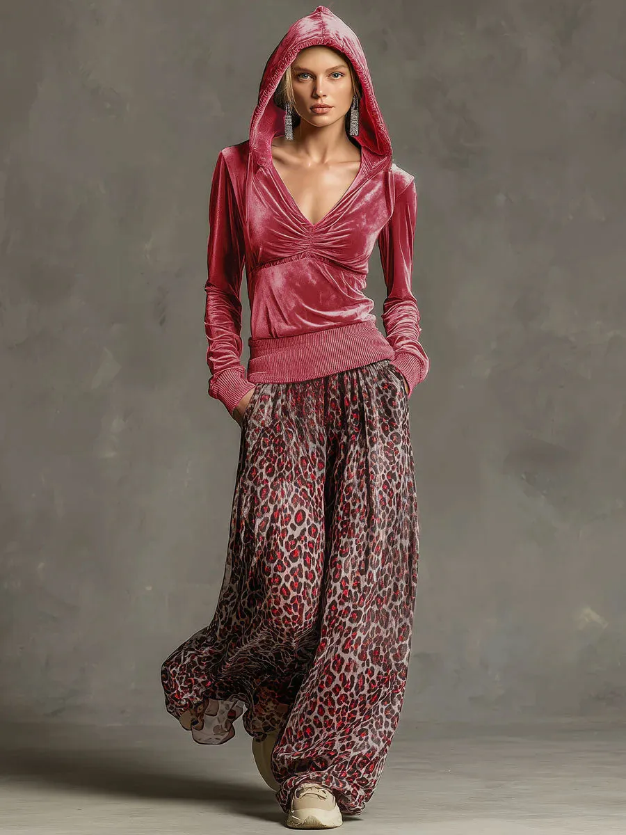 Casual Retro Pink Fleece Hooded Top And Chiffon Leopard Print Wide-leg Pants Set sold by Oyrosy