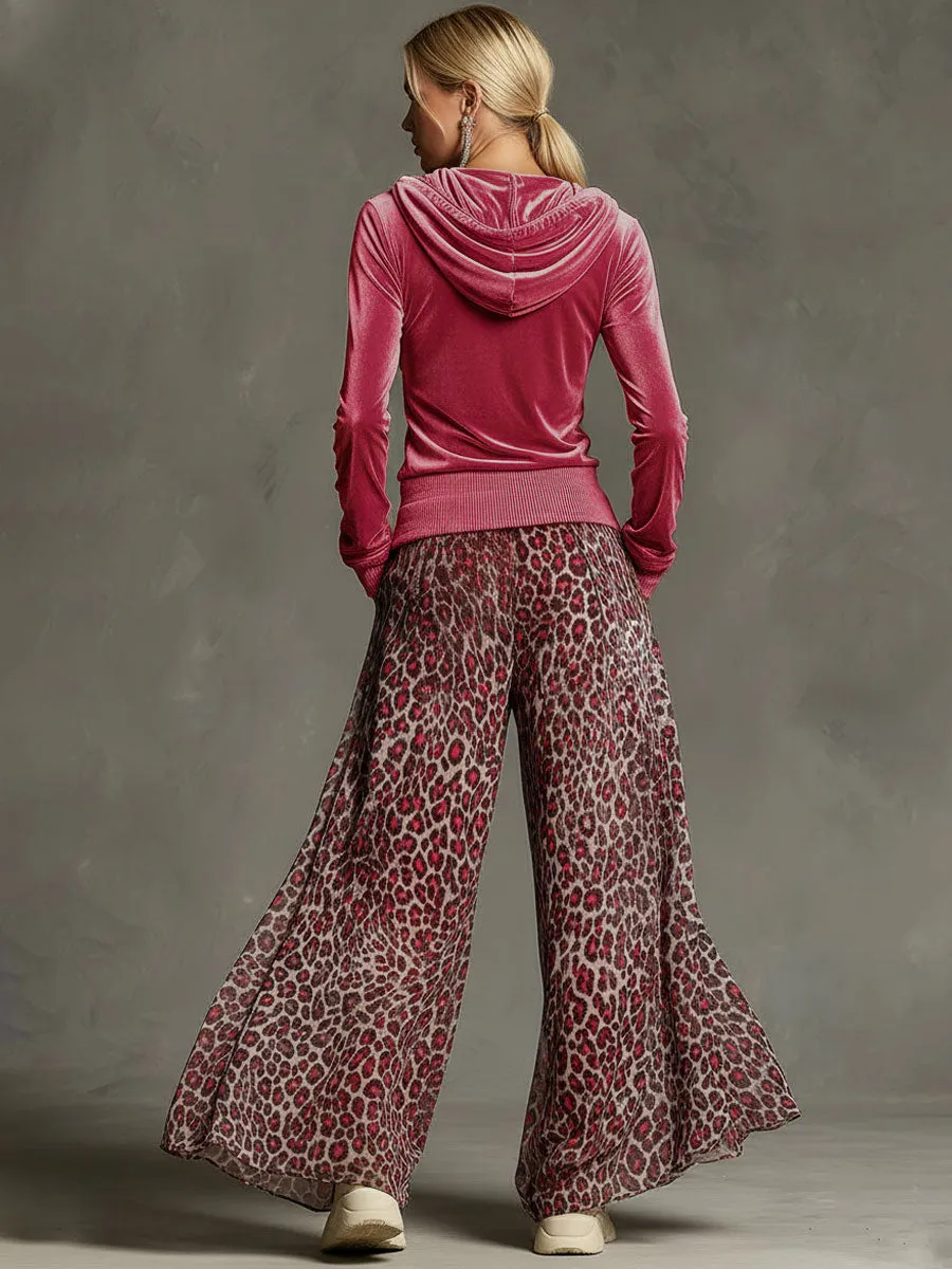 Casual Retro Pink Fleece Hooded Top And Chiffon Leopard Print Wide-leg Pants Set sold by Oyrosy product image thumbnail 2