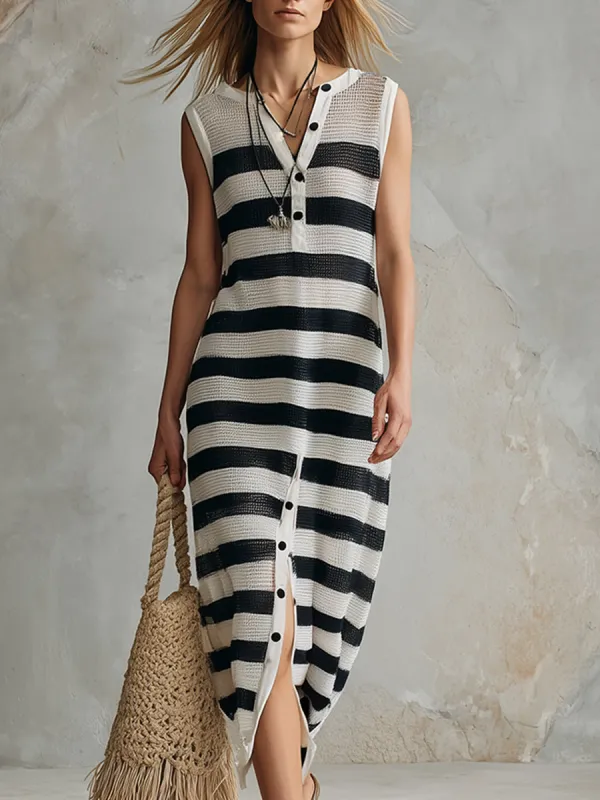 Stylish And Classic Striped Lightweight Knit Sleeveless Midi Dress sold by Oyrosy
