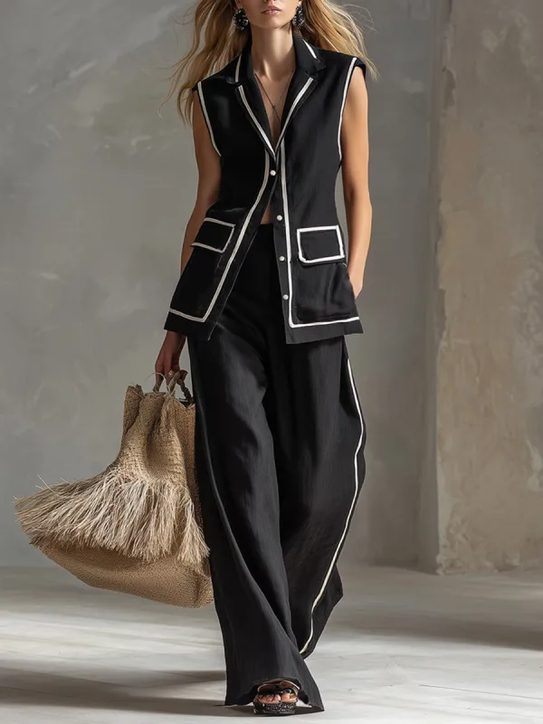 Elegant Urban Style Black Cotton And Linen Mid-length Vest And Wide-leg Pants Set made by Oyrosy