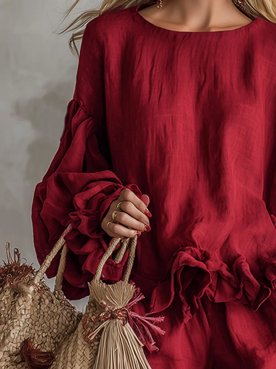 Vintage And Elegant Ruffled Red Cotton And Linen Shirt And Shorts Set sold by Oyrosy product image thumbnail 3
