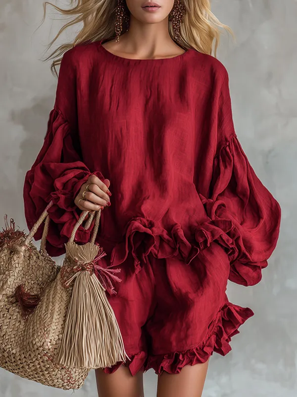 Vintage And Elegant Ruffled Red Cotton And Linen Shirt And Shorts Set sold by Oyrosy