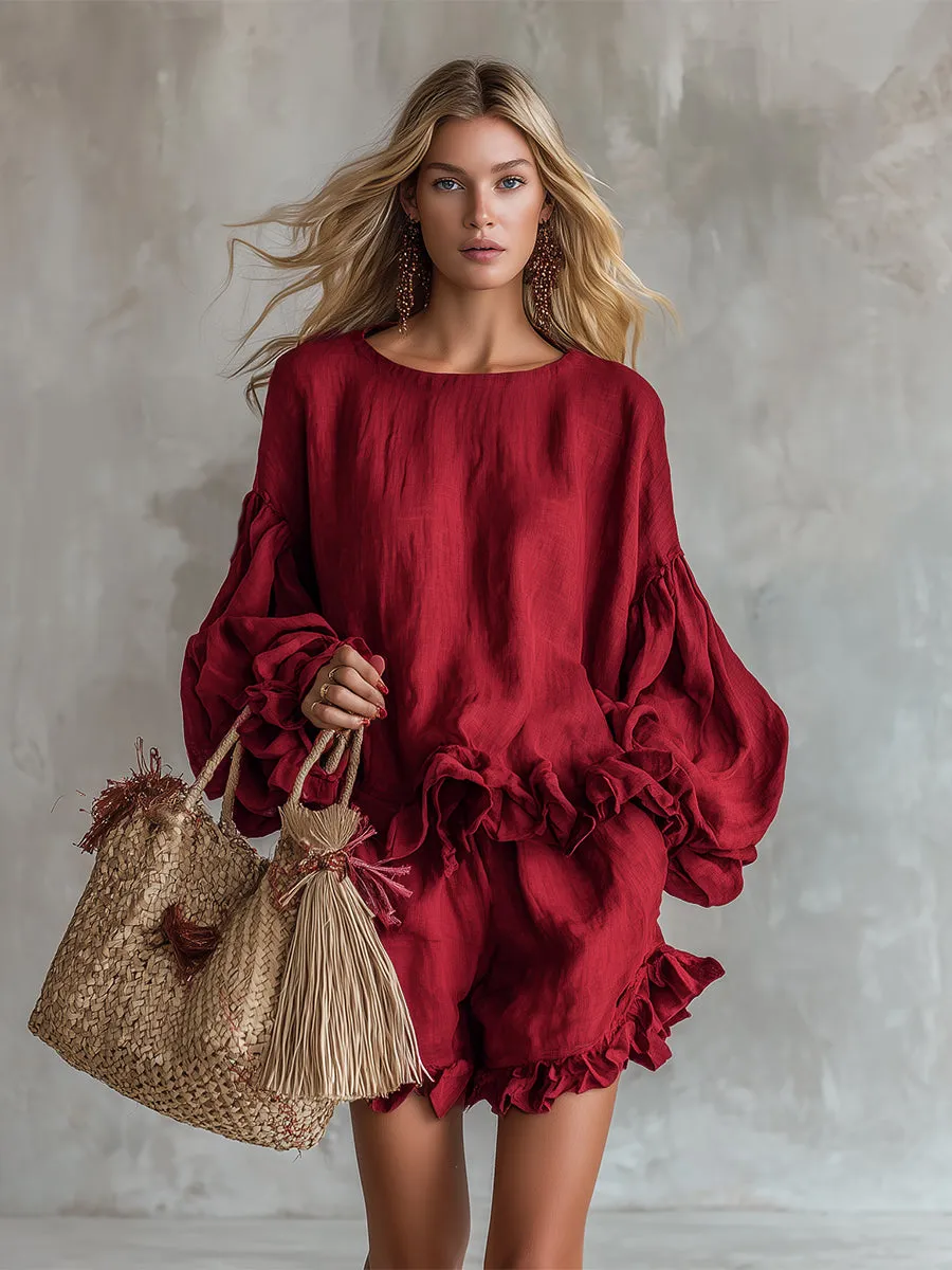 Vintage And Elegant Ruffled Red Cotton And Linen Shirt And Shorts Set sold by Oyrosy product image thumbnail 2