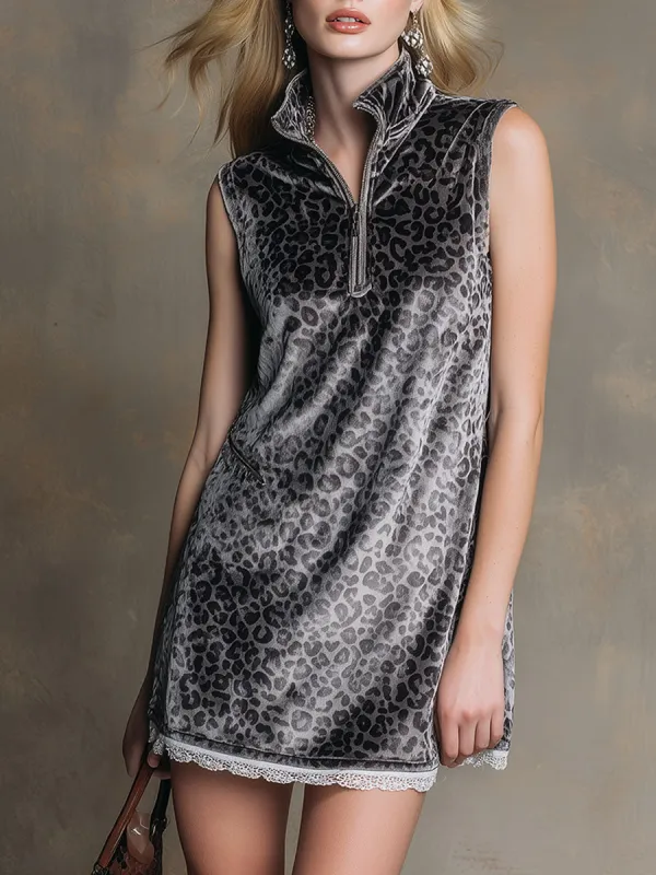 Fashionable Retro Lace-trimmed Grey Leopard Print Sleeveless Mini Dress made by Oyrosy
