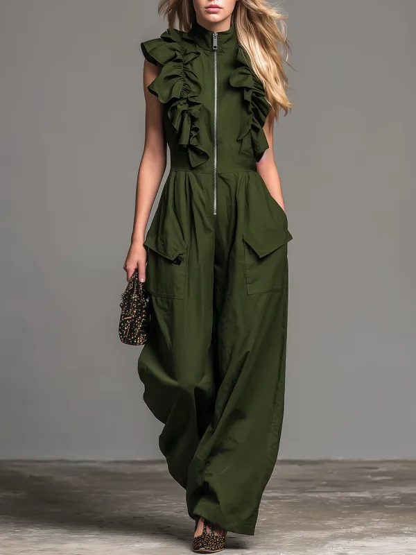 Fashionable And Casual Ruffled Sleeveless Zipper Jumpsuit made by Oyrosy