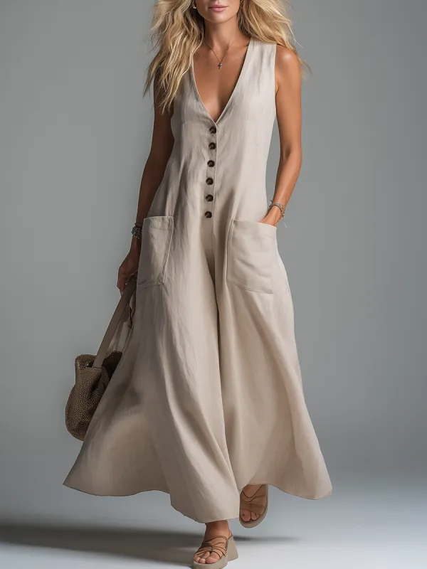 Comfortable And Casual V-neck Button-down Sleeveless Maxi Dress made by Oyrosy