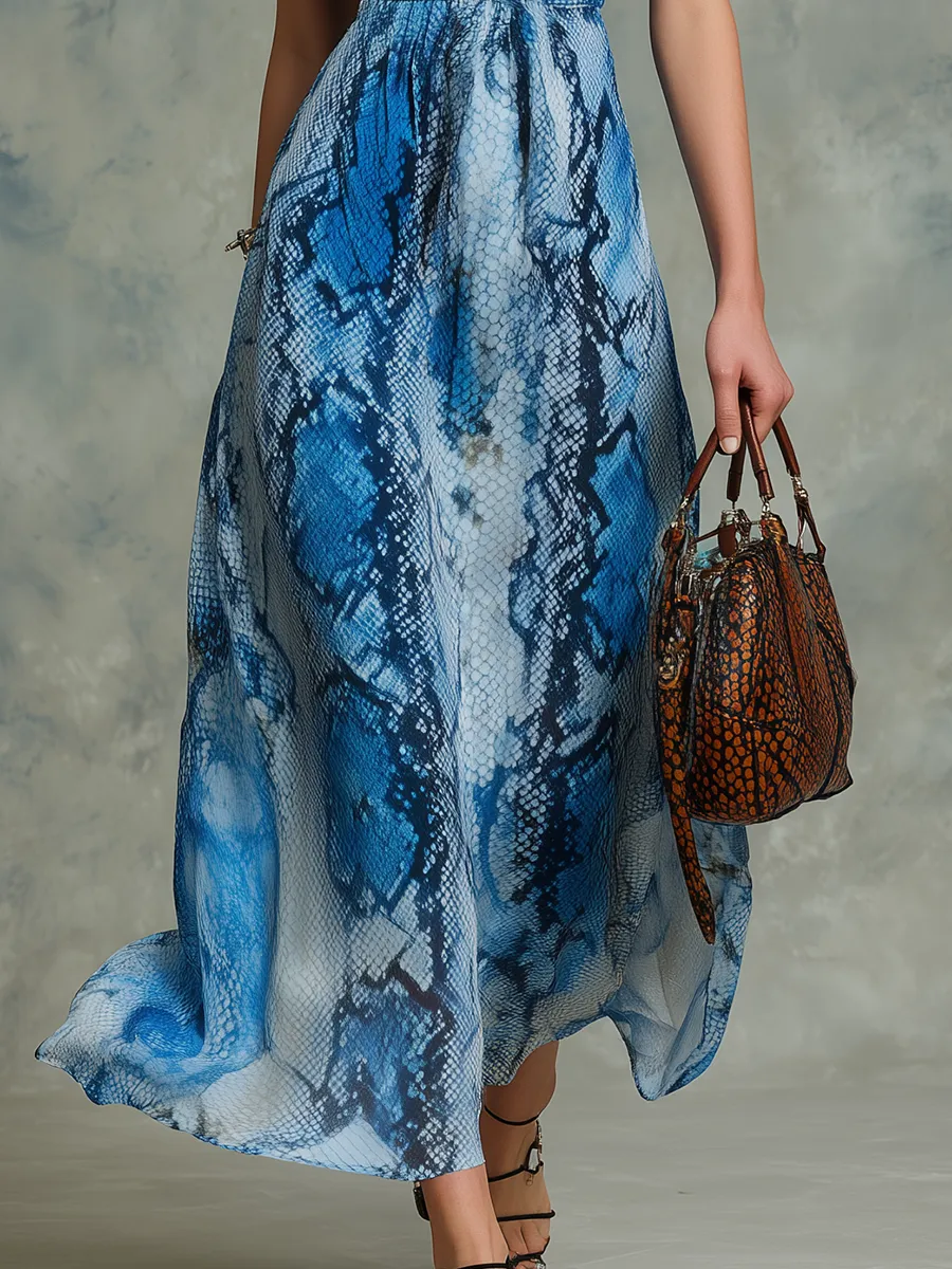Wild And Fashionable V-neck Sleeveless Python Print Chiffon Midi Dress sold by Oyrosy product image thumbnail 4