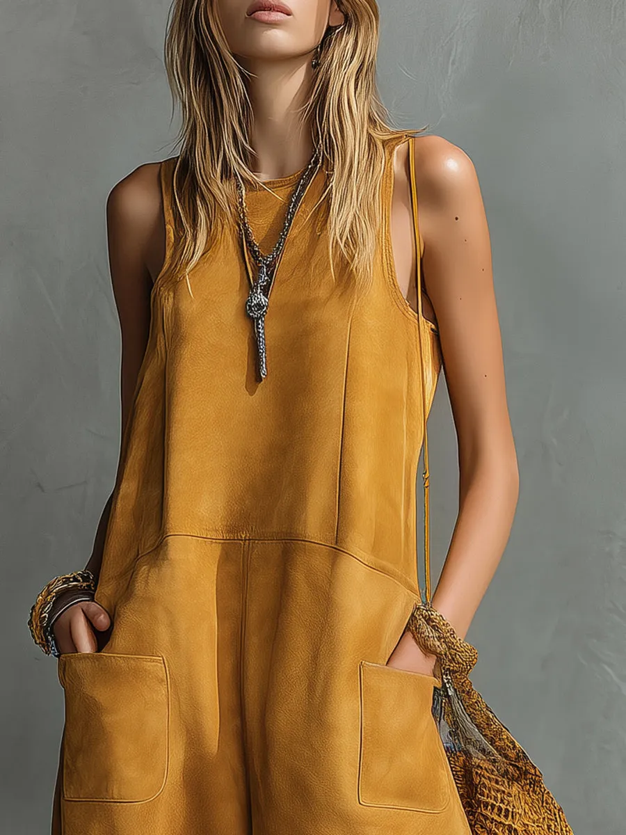 Retro Western Style Round Neck Sleeveless Faux Suede Jumpsuit sold by Oyrosy product image thumbnail 3