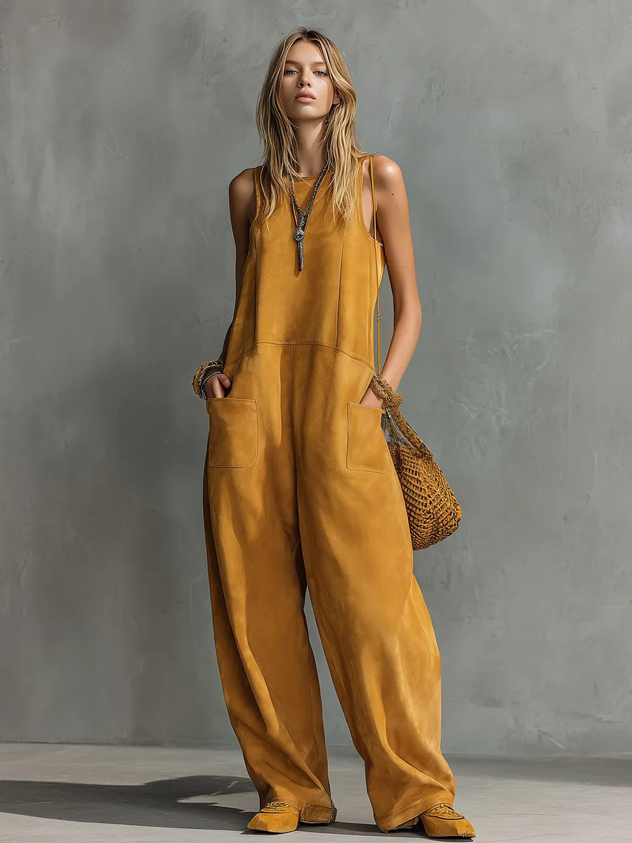 Retro Western Style Round Neck Sleeveless Faux Suede Jumpsuit sold by Oyrosy product image thumbnail 2