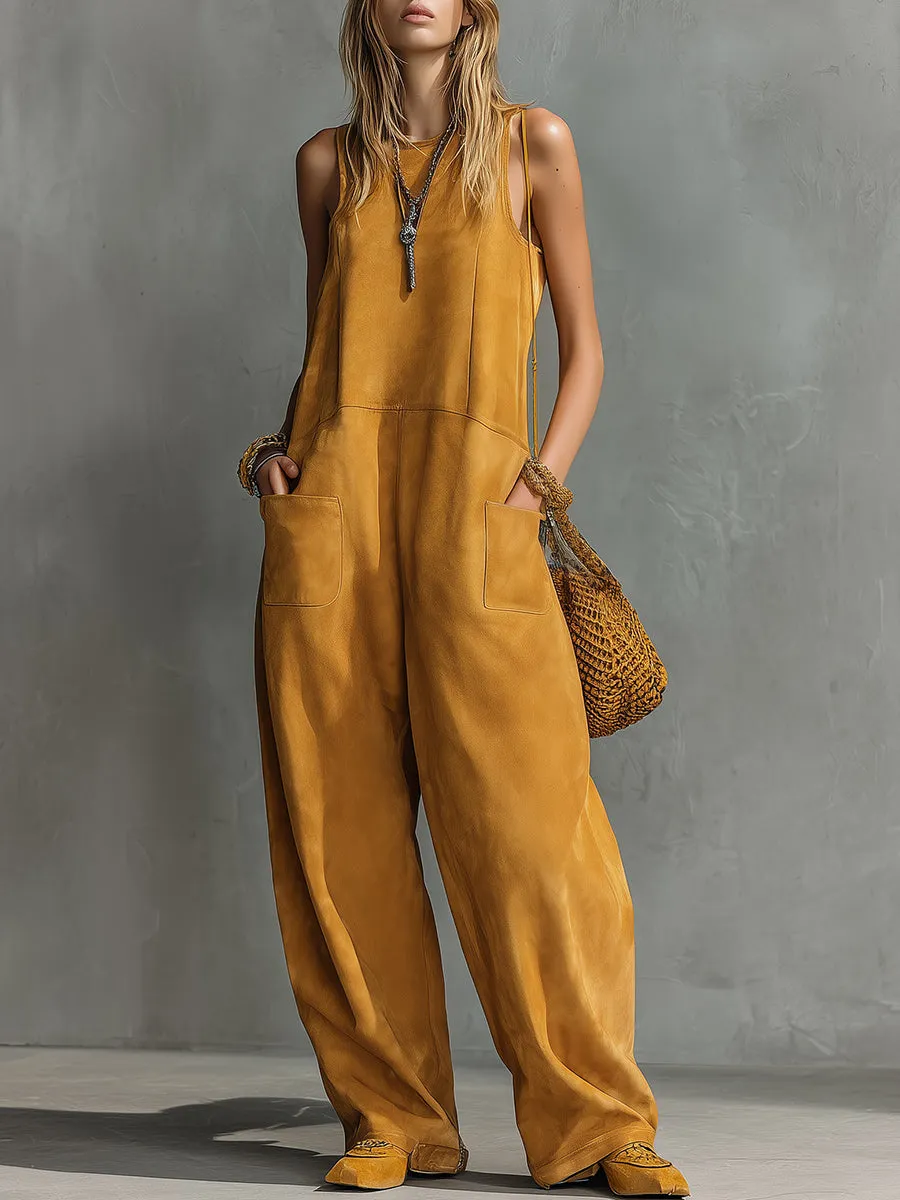 Retro Western Style Round Neck Sleeveless Faux Suede Jumpsuit sold by Oyrosy